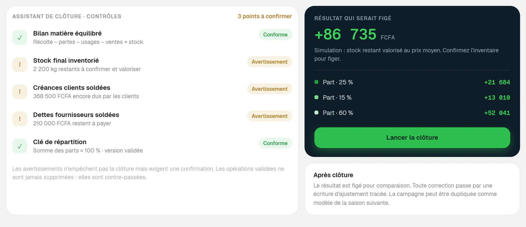 Assistant de clôture : bilan matière équilibré, avertissements sur le stock final, les créances et les dettes ouvertes, résultat qui serait figé de 86 735 FCFA et part de chaque associé.