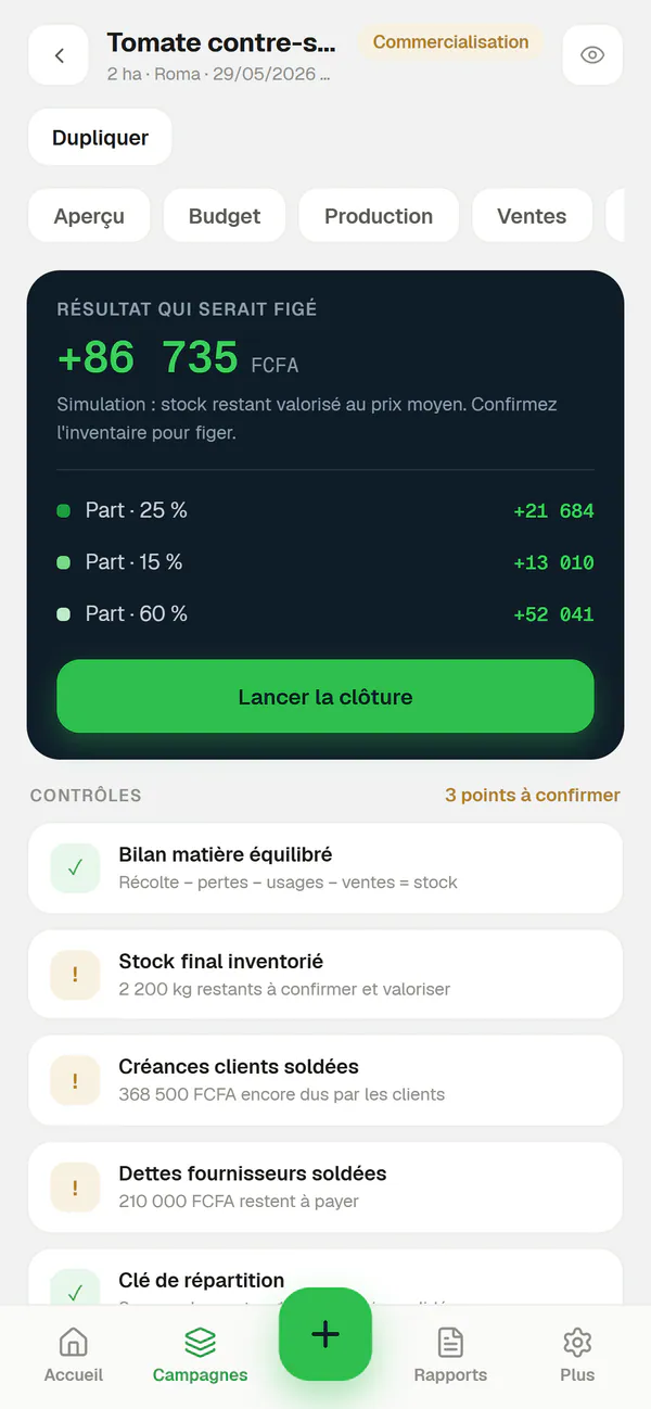 Clôture sur téléphone : résultat qui serait figé, part de chaque associé et liste des contrôles.